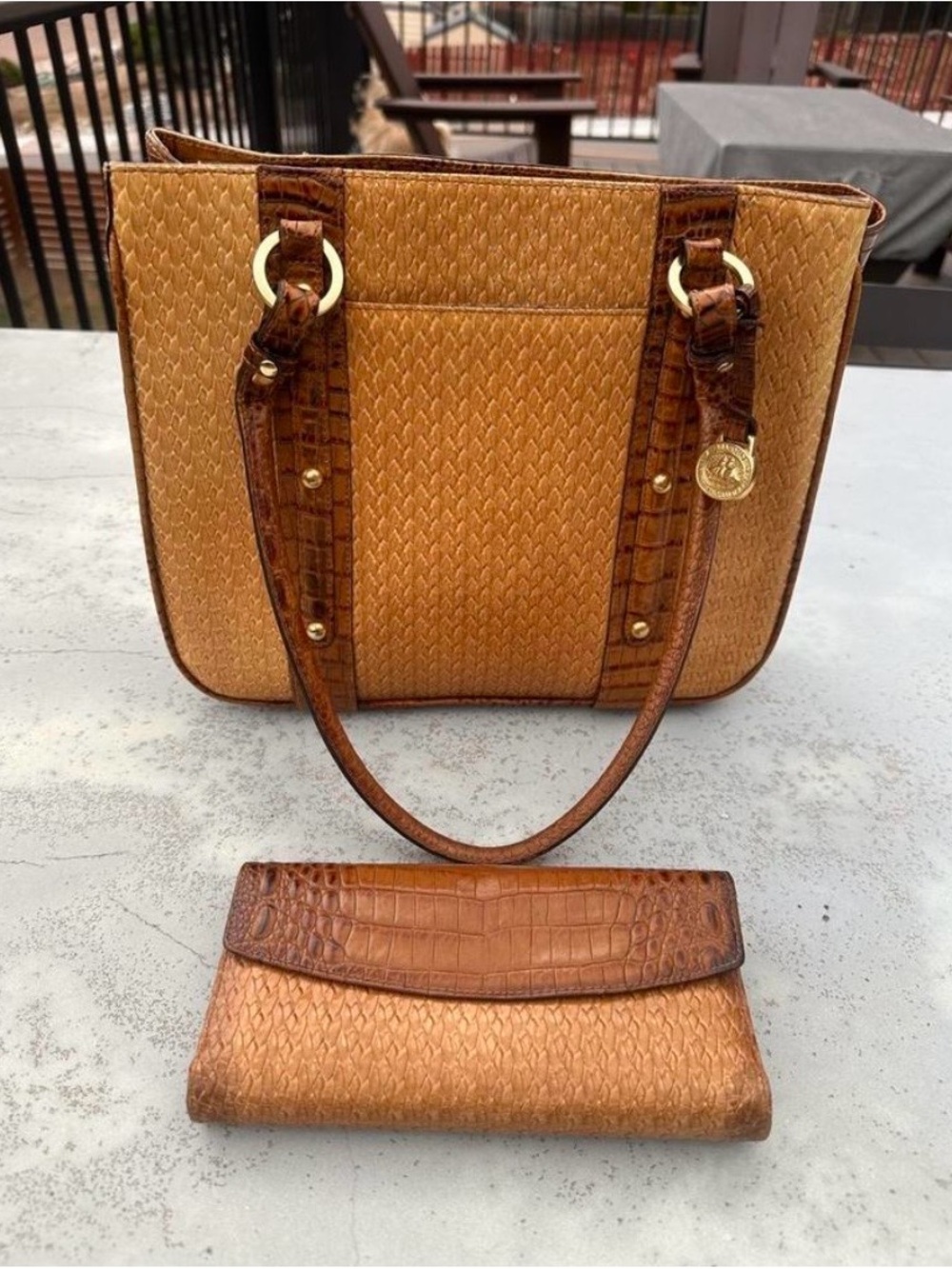 Brahmin Tan Leather Woven Tote Handbag with Croc-Trim Wallet & Dustbag